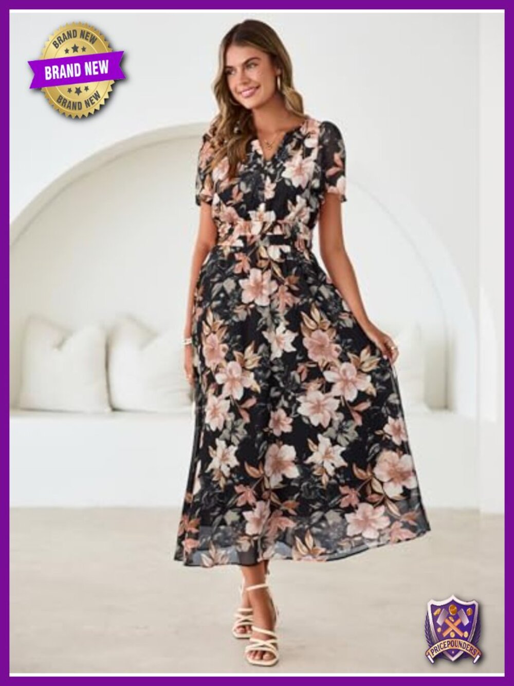 Women Floral Summer Maxi Dress Boho Flowy Casual Chiffon Short Sleeves V Neck - Picture 4 of 6